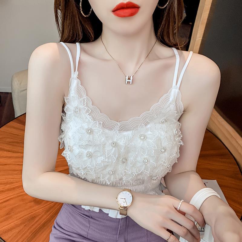 Jiashucheng Áo Hai Dây Dáng Ngắn Mỏng Ba Chiều Họa Tiết Hoa Đính Kim Cương Phong Cách Pháp Thời Trang Mùa Hè Hàng Mới Dành Cho Bạn Nữ