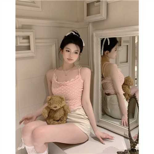 Jiashucheng Áo Công Chúa Hai Dây Ôm Dáng Phối Ren Màu Hồng Spicy Gợi Cảm Công Nghiệp Nặng Cho Nữ