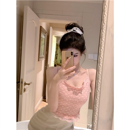 Jiashucheng Áo Công Chúa Hai Dây Ôm Dáng Phối Ren Màu Hồng Spicy Gợi Cảm Công Nghiệp Nặng Cho Nữ