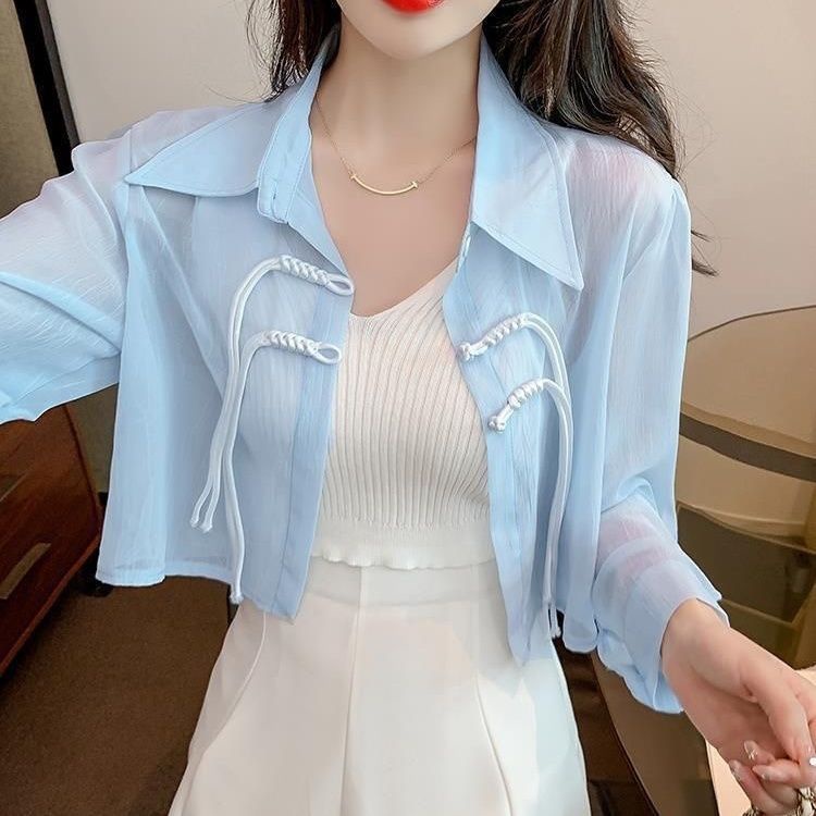 Jiashucheng Áo Sơ Mi Ngắn Cardigan Mỏng Tay Dài Dáng Rộng Cài Nút Cảm Giác Thiết Kế Phong Cách Pháp Thời Trang Mùa