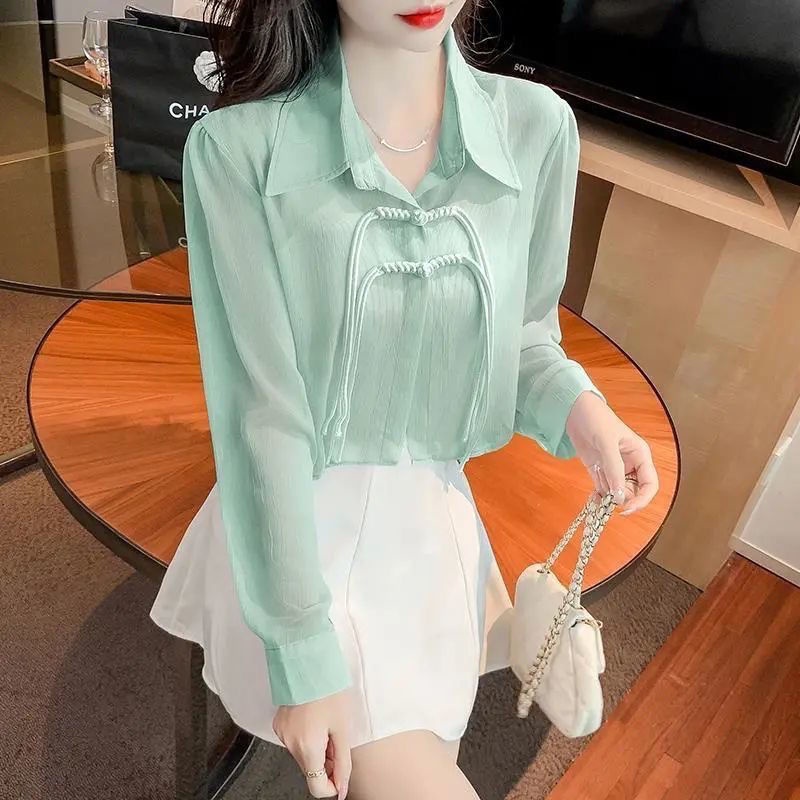 Jiashucheng Áo Sơ Mi Ngắn Cardigan Mỏng Tay Dài Dáng Rộng Cài Nút Cảm Giác Thiết Kế Phong Cách Pháp Thời Trang Mùa