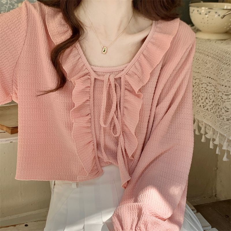 Jiashucheng Áo Khoác Cardigan Ngắn Chống Nắng Cột Dây Phối Bèo Kiểu Pháp Cổ Điển Thời Trang Mùa Hè Cho Nữ