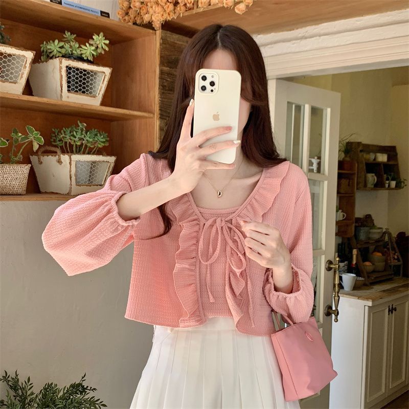 Jiashucheng Áo Khoác Cardigan Ngắn Chống Nắng Cột Dây Phối Bèo Kiểu Pháp Cổ Điển Thời Trang Mùa Hè Cho Nữ