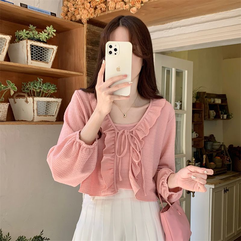 Jiashucheng Áo Khoác Cardigan Ngắn Chống Nắng Cột Dây Phối Bèo Kiểu Pháp Cổ Điển Thời Trang Mùa Hè Cho Nữ