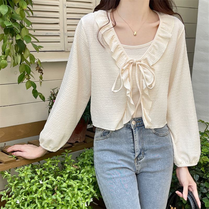 Jiashucheng Áo Khoác Cardigan Ngắn Chống Nắng Cột Dây Phối Bèo Kiểu Pháp Cổ Điển Thời Trang Mùa Hè Cho Nữ