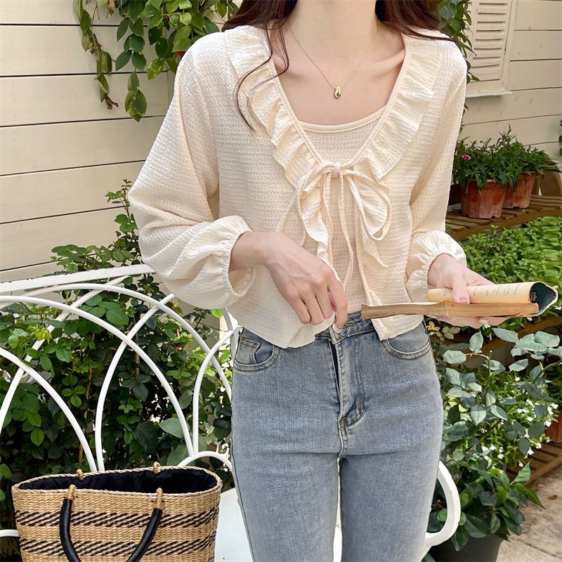 Jiashucheng Áo Khoác Cardigan Ngắn Chống Nắng Cột Dây Phối Bèo Kiểu Pháp Cổ Điển Thời Trang Mùa Hè Cho Nữ