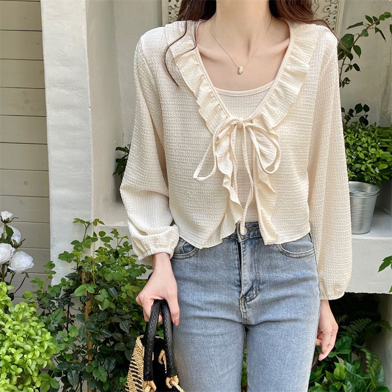 Jiashucheng Áo Khoác Cardigan Ngắn Chống Nắng Cột Dây Phối Bèo Kiểu Pháp Cổ Điển Thời Trang Mùa Hè Cho Nữ
