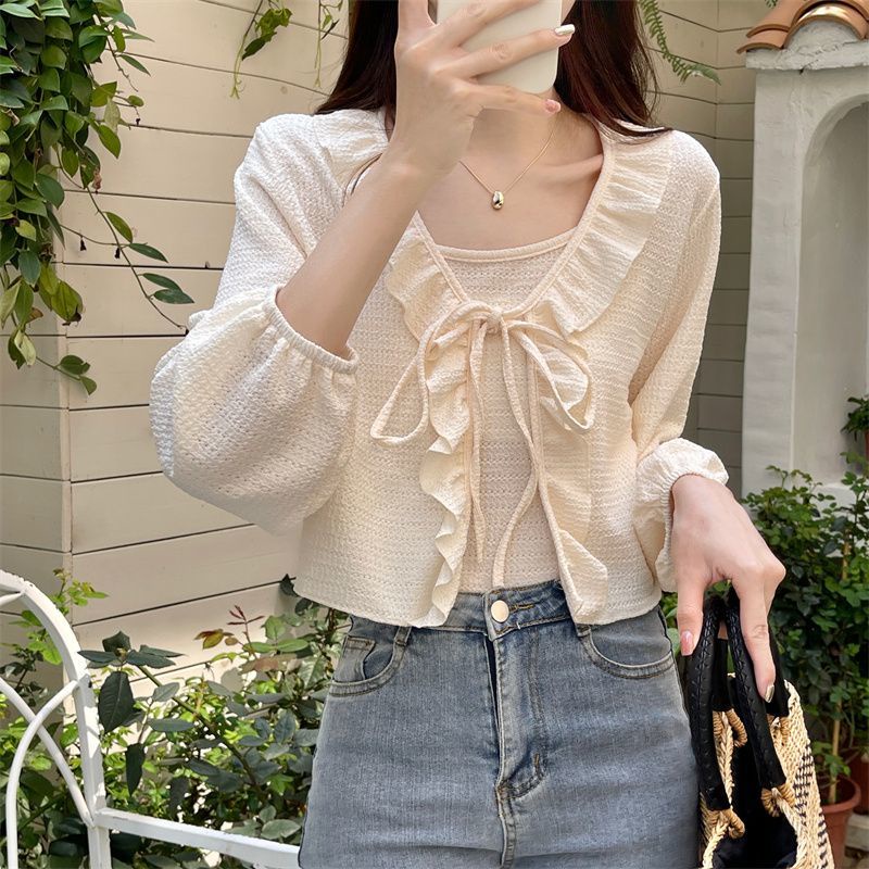 Jiashucheng Áo Khoác Cardigan Ngắn Chống Nắng Cột Dây Phối Bèo Kiểu Pháp Cổ Điển Thời Trang Mùa Hè Cho Nữ