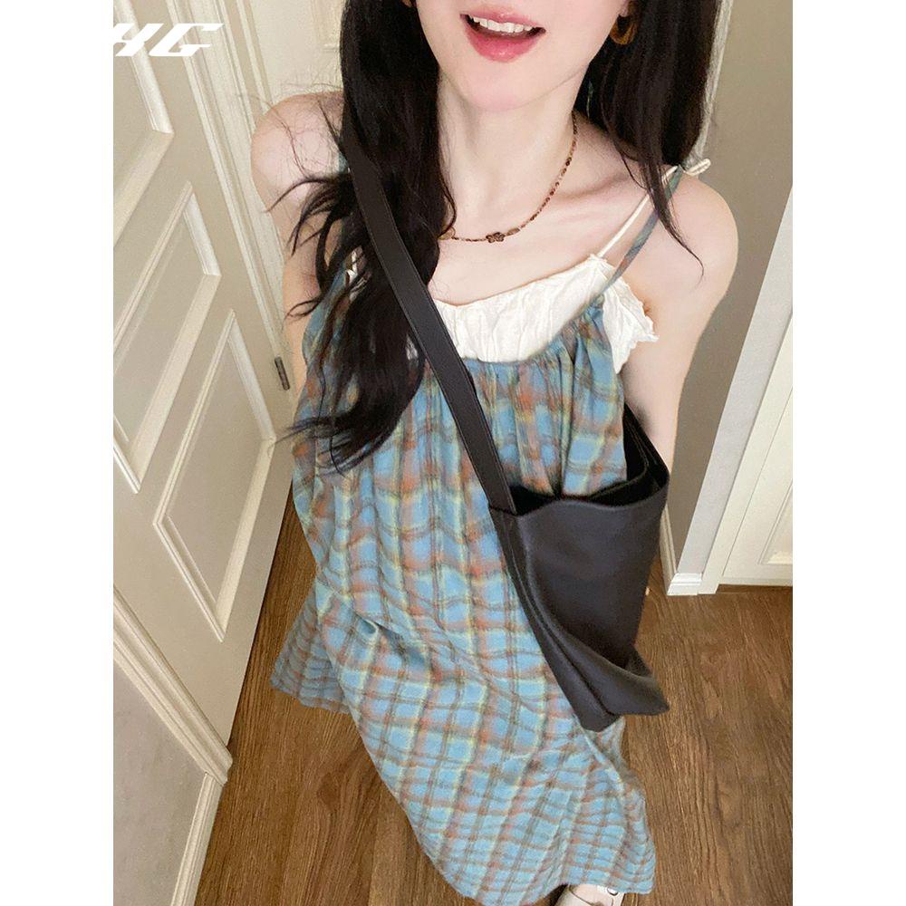 Đầm hai dây BJHG WAVW sọc ca rô phong cách retro mùa hè 2023