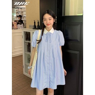 Đầm sơ mi BJHG WAVW cổ búp bê họa tiết kẻ sọc phong cách mới 2023