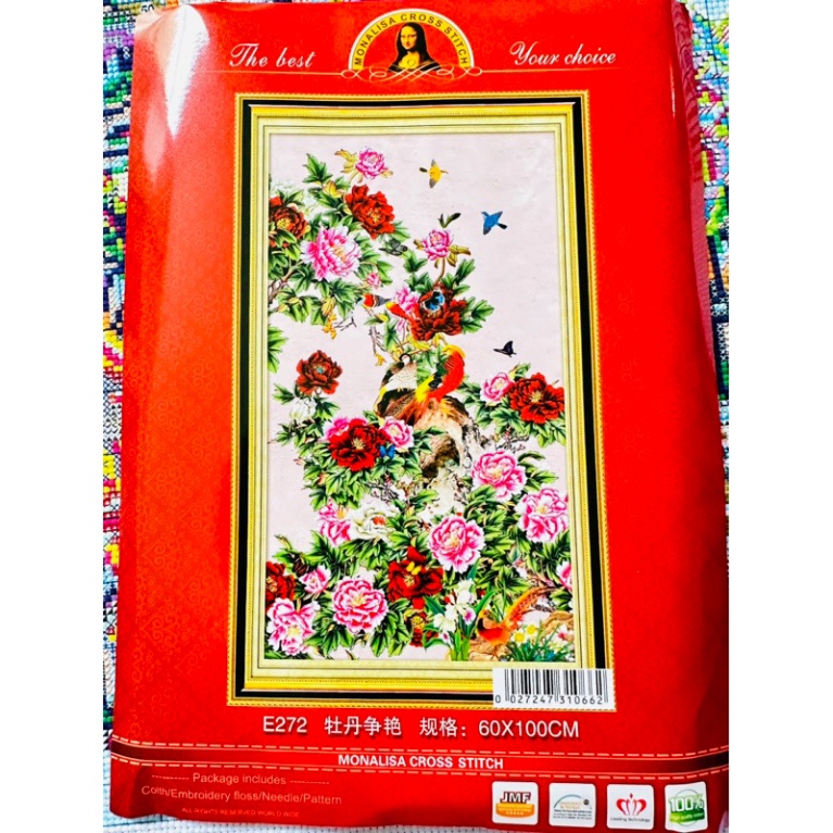 tranh thêu hoa mẫu đơn PHÚ QUÝ TRƯỜNG THỌ E272 (60x100cm), thêu kín tranh