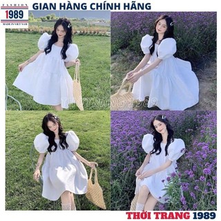 Đầm babydoll trắng cổ tròn xòe bồng kiểu dáng hàn quốc ,váy dự tiệc tiểu thư dễ thương -THỜI TRANG 1989