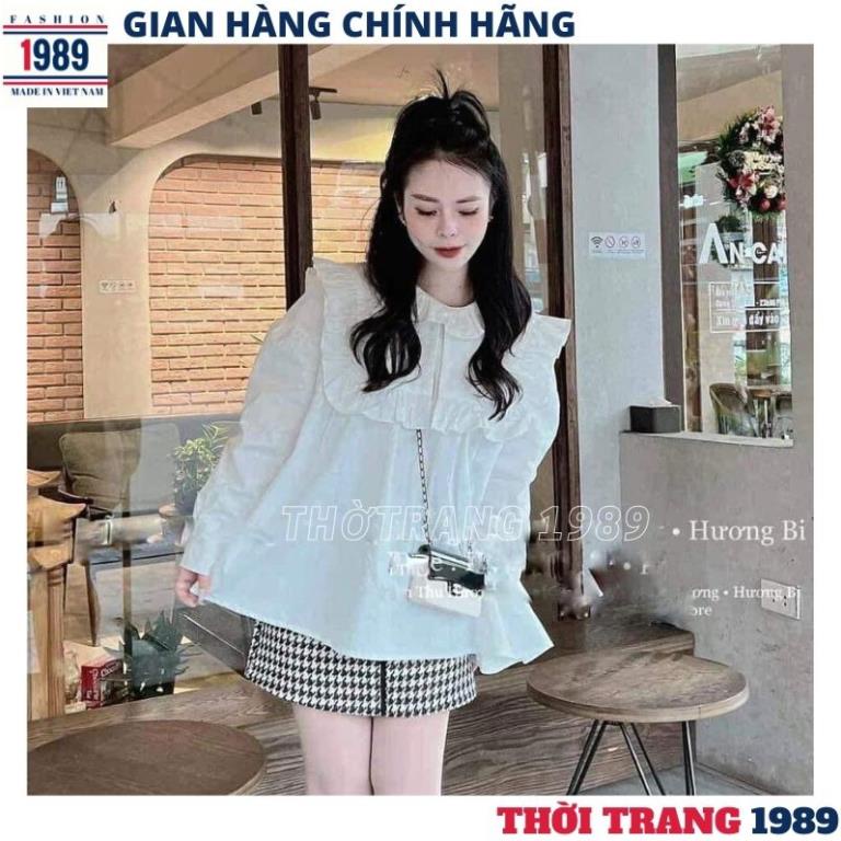 Áo sơ mi nữ dài tay, áo babydoll kiểu tay bồng cổ bèo màu trắng chất thô mềm A64 đi học đi chơi tiểu thư hàn quốc