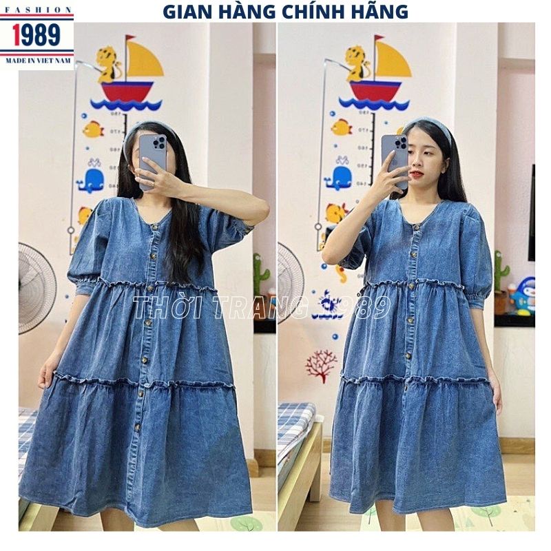 Váy jeans bò babydoll cổ v kiểu dáng hàn quốc xòe bồng siêu xinh dễ thương kute -PHƯƠNG 1989
