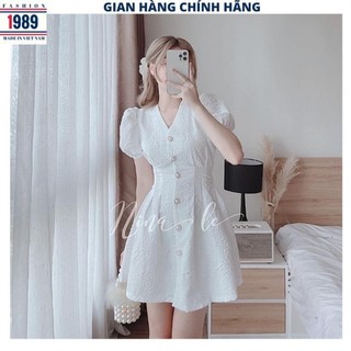 Đầm nữ gấm xốp cổ v 1 hàng cúc tiểu thư bánh bèo dễ thương ulzzang váy dự tiệc sang chảnh công chúa -PHƯƠNG VŨ 1989