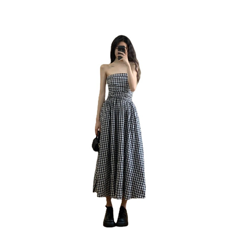 Váy Đầm Thiết Kế Ca Rô Đen Trắng Váy Dài Cúp Ngực Mẫu Mới Mùa Hè 2023 Đi Chơi Đi Biển TT5