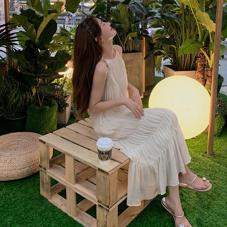 [Hàng Loại 1] Váy Đầm Cổ Yếm Dài Màu Trắng Xếp Ly Trẻ Trung Phong Cách Tối Giản Mẫu Mới Mùa Hè 2023 Ee3