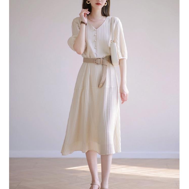 [Hàng Loại 1] Váy Đầm Liền Dáng Dài Tay Lỡ Cao Cấp Sang Trọng Thanh Lịch Màu Kem Thời Trang Nữ Mùa Hè 2023 10 Rr4