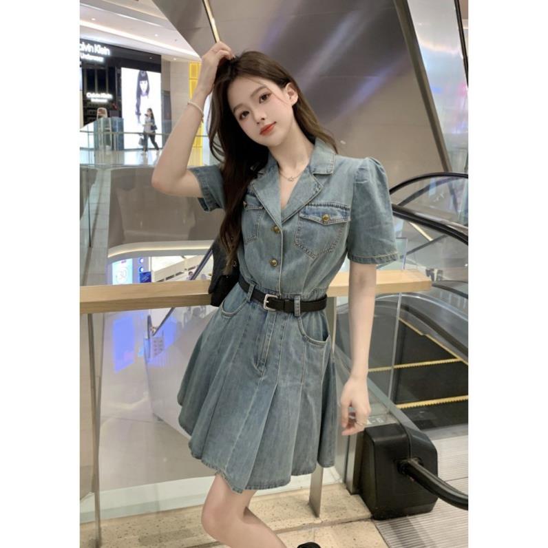 Váy Đầm Xanh Denim Ngắn Xếp Ly Cổ Polo Kèm Thắt Lưng Thiết Kế Mùa Hè 2023 TT5