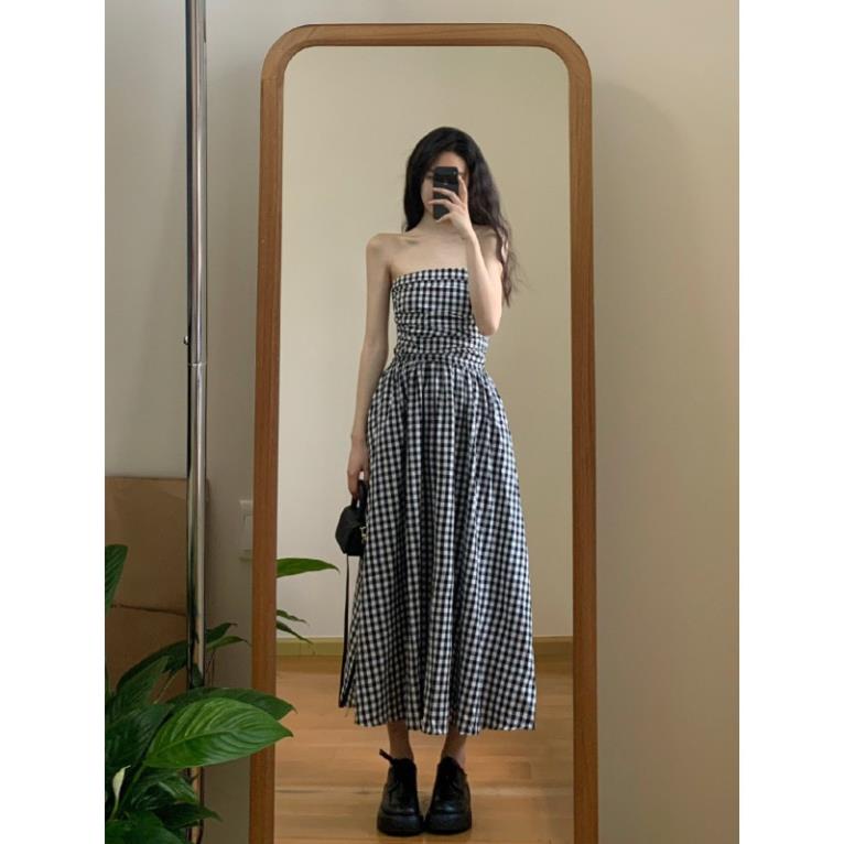 Váy Đầm Thiết Kế Ca Rô Đen Trắng Váy Dài Cúp Ngực Mẫu Mới Mùa Hè 2023 Đi Chơi Đi Biển TT5