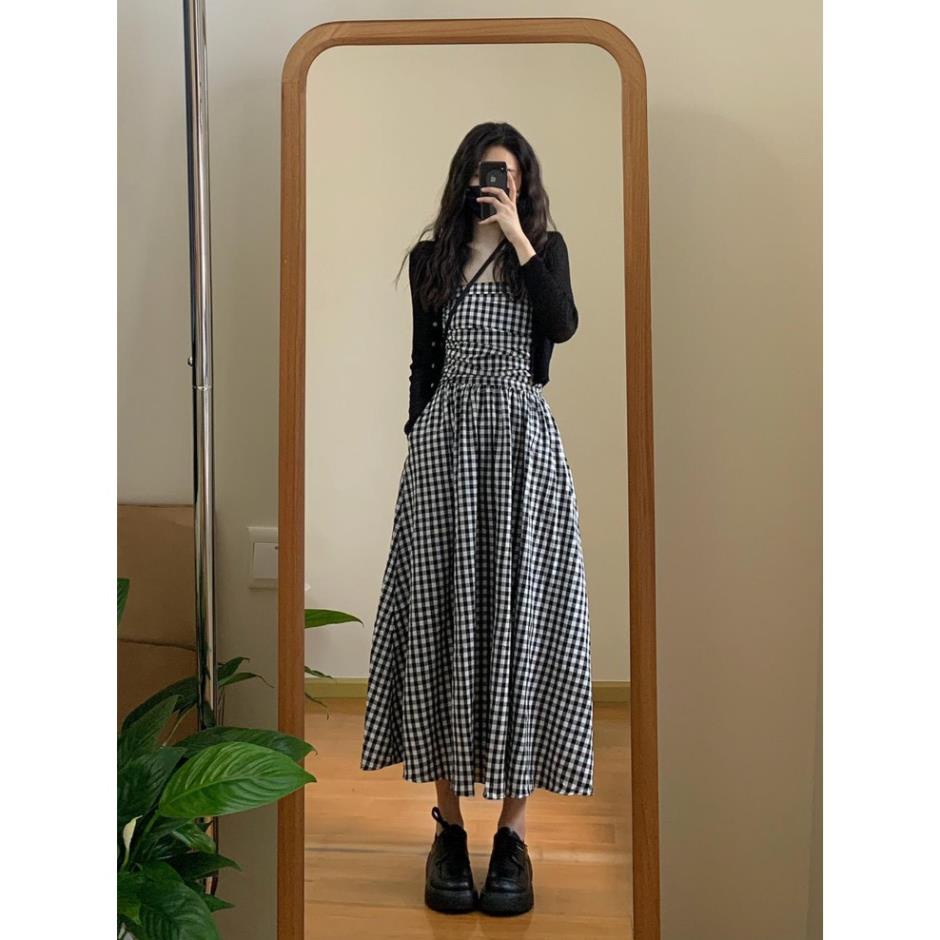Váy Đầm Thiết Kế Ca Rô Đen Trắng Váy Dài Cúp Ngực Mẫu Mới Mùa Hè 2023 Đi Chơi Đi Biển TT5
