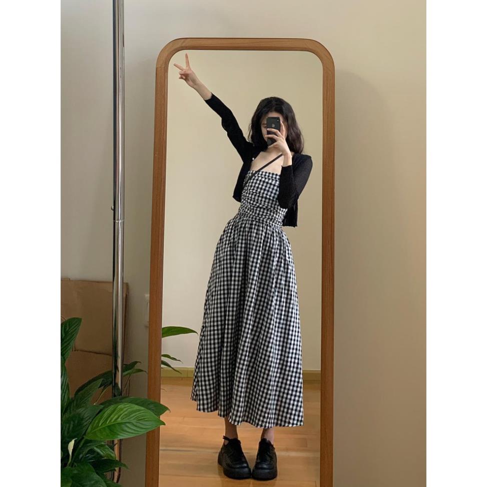 Váy Đầm Thiết Kế Ca Rô Đen Trắng Váy Dài Cúp Ngực Mẫu Mới Mùa Hè 2023 Đi Chơi Đi Biển TT5