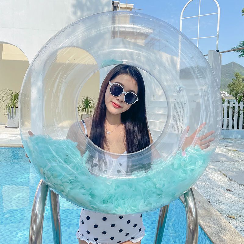 Phao Bơi Tròn Trong Suốt Dày Dặn Có Lông Vũ Dành Cho Trẻ Em Và Người Lớn