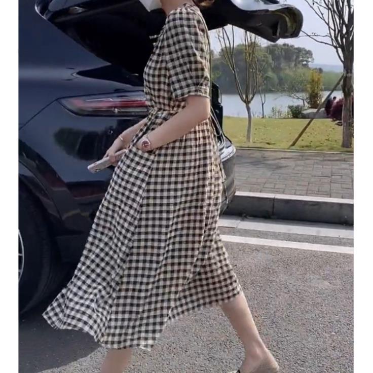 Váy Đầm Dài Dáng Xoè Kẻ Sọc Tay Phồng Cao Cấp Phong Cách Hepburn Váy Liền Nữ Mùa Hè 14 II8
