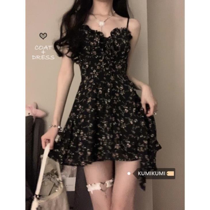 Váy Lệch Tà 2 Dây Hoa Nhí HAUTE Màu Đen Sexy Thiết Kế Cá Tính Hàng Cao Cấp - Đầm Ngắn 2 Dây Hoa Siêu Nữ Tính