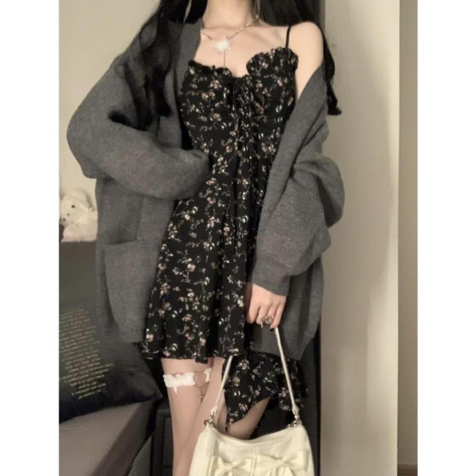 Váy Lệch Tà 2 Dây Hoa Nhí HAUTE Màu Đen Sexy Thiết Kế Cá Tính Hàng Cao Cấp - Đầm Ngắn 2 Dây Hoa Siêu Nữ Tính