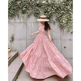 Đầm maxi 2 dây dáng xoè cut eo
