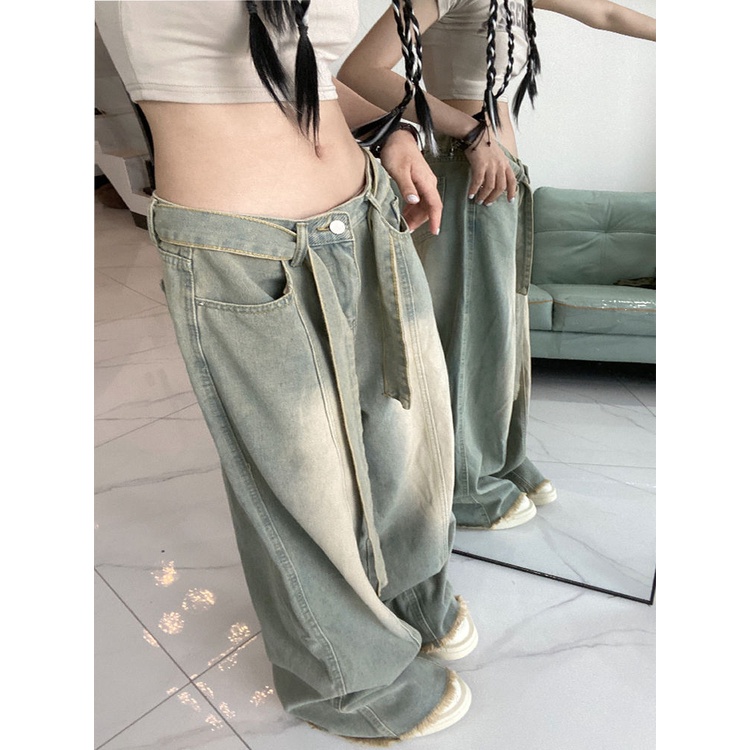 Jiashucheng Quần Jean Nữ Ống Rộng Lưng Cao Cột Dây Phong Cách Hip Hop Mỹ Thời Trang Mùa Hè