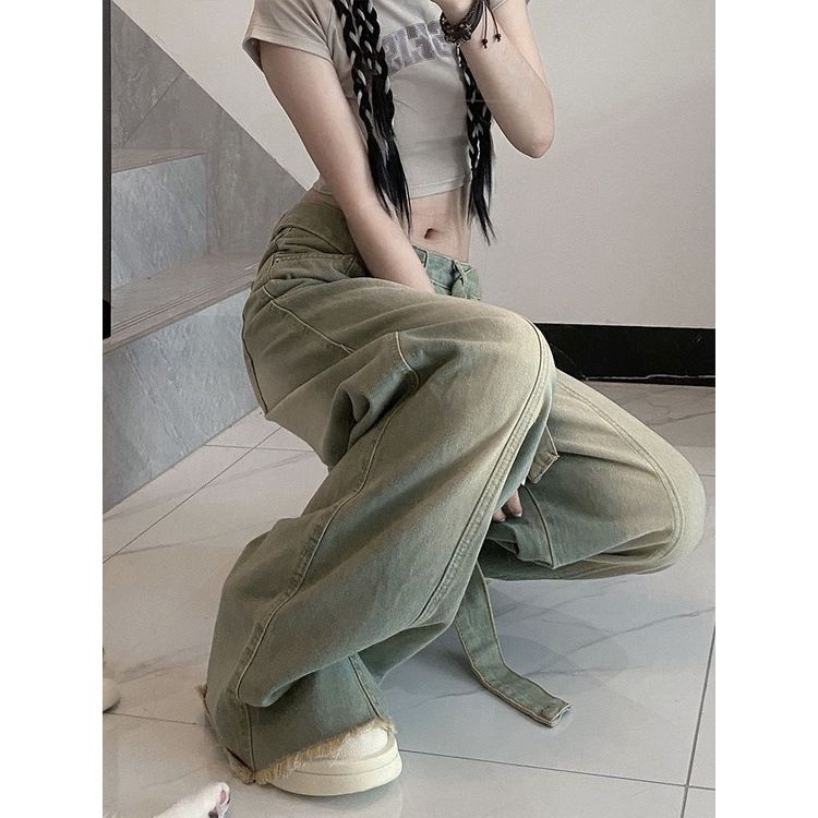 Jiashucheng Quần Jean Nữ Ống Rộng Lưng Cao Cột Dây Phong Cách Hip Hop Mỹ Thời Trang Mùa Hè