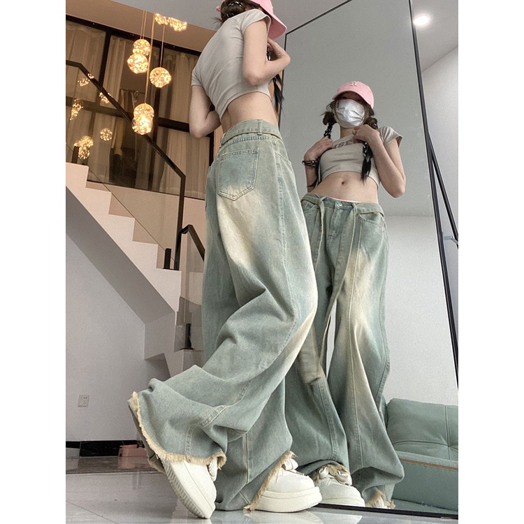 Jiashucheng Quần Jean Nữ Ống Rộng Lưng Cao Cột Dây Phong Cách Hip Hop Mỹ Thời Trang Mùa Hè
