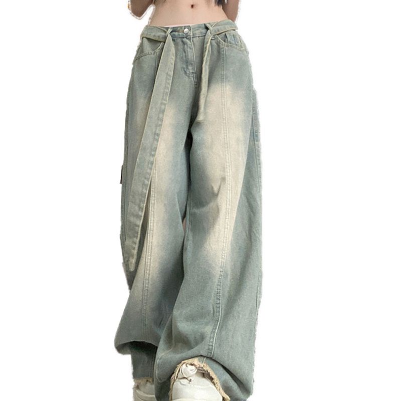 Jiashucheng Quần Jean Nữ Ống Rộng Lưng Cao Cột Dây Phong Cách Hip Hop Mỹ Thời Trang Mùa Hè