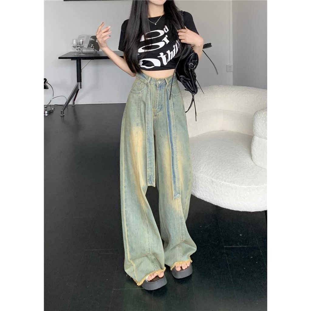 Jiashucheng Quần Jean Ống Rộng Lưng Cao Cột Dây Màu Vàng Bùn Cho Nữ