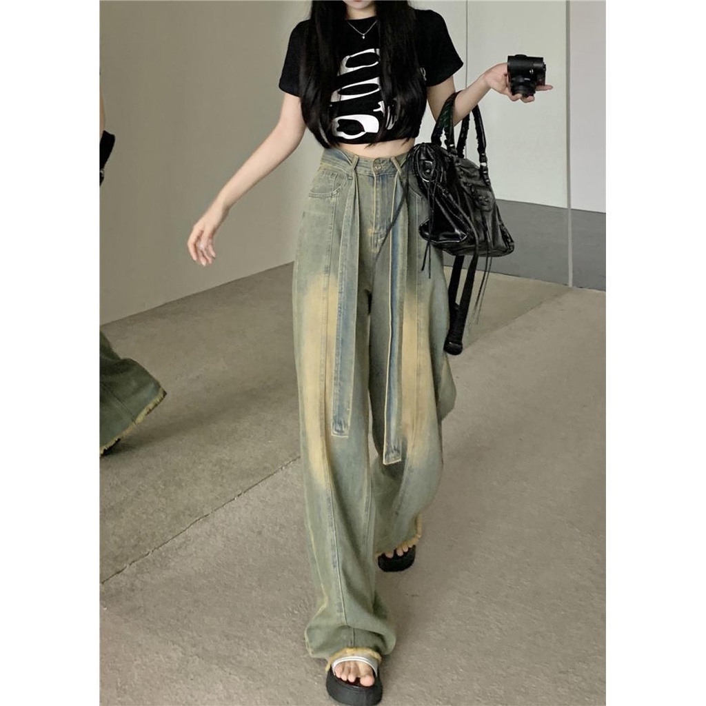 Jiashucheng Quần Jean Ống Rộng Lưng Cao Cột Dây Màu Vàng Bùn Cho Nữ