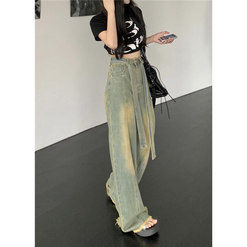 Jiashucheng Quần Jean Ống Rộng Lưng Cao Cột Dây Màu Vàng Bùn Cho Nữ