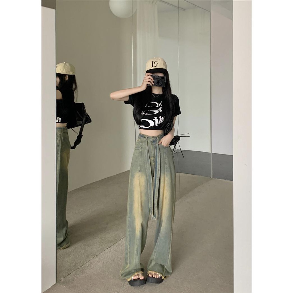 Jiashucheng Quần Jean Ống Rộng Lưng Cao Cột Dây Màu Vàng Bùn Cho Nữ