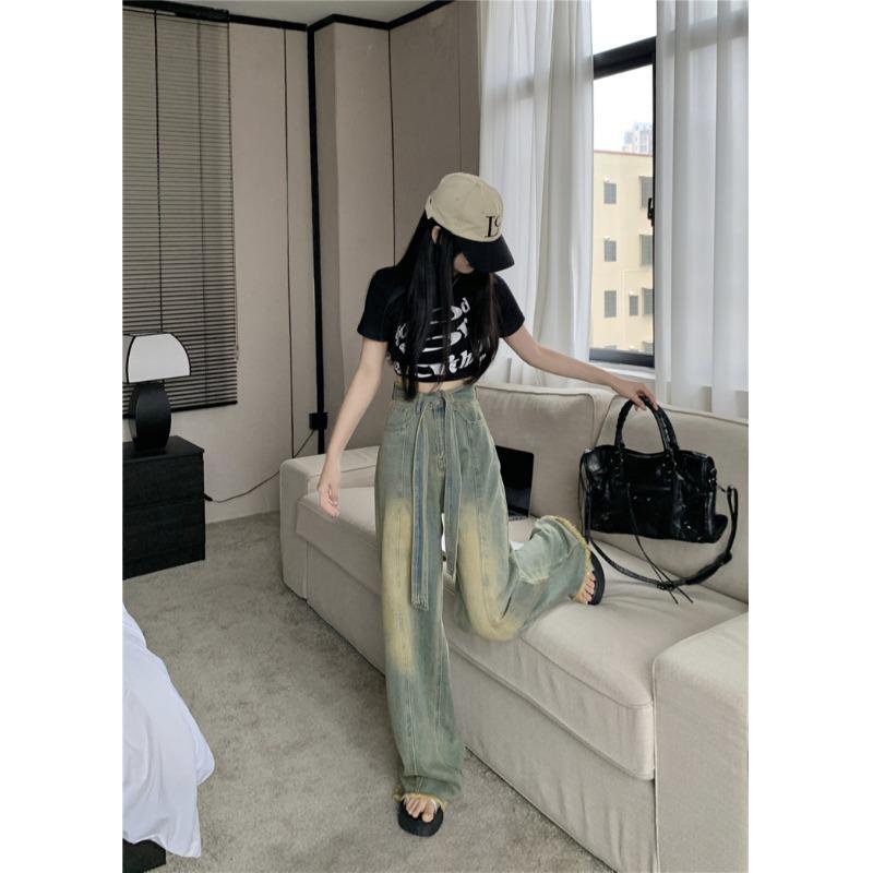 Jiashucheng Quần Jean Ống Rộng Lưng Cao Cột Dây Màu Vàng Bùn Cho Nữ