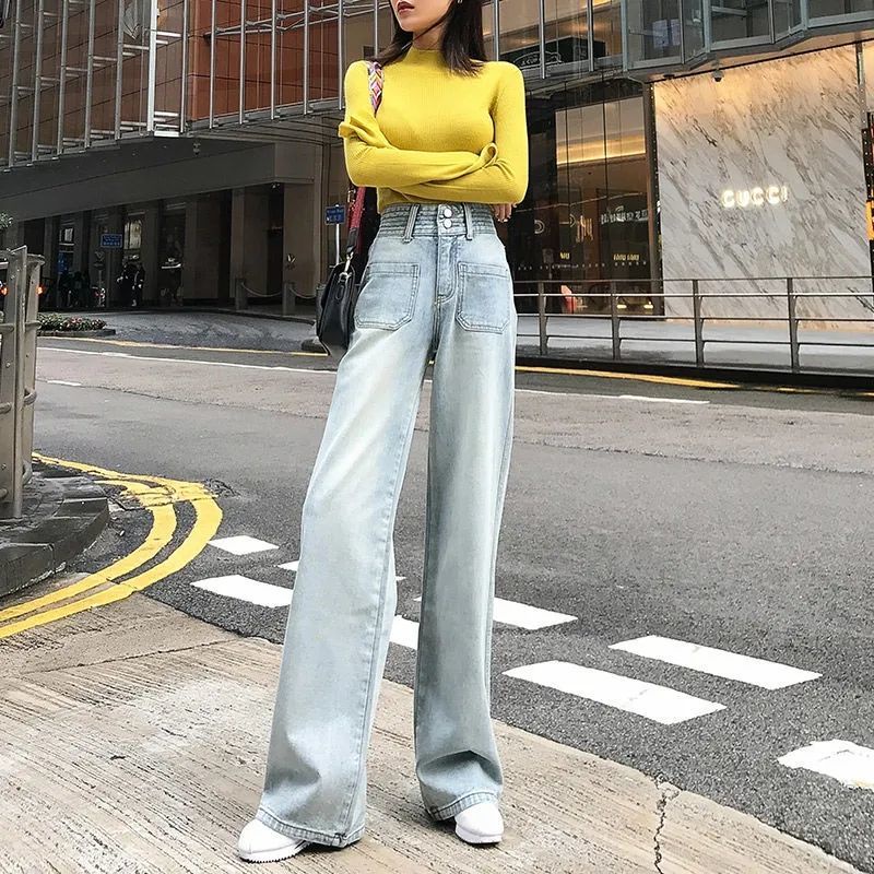 Jiashucheng Quần Jean Ống Rộng Cạp Cao Mỏng Nhẹ Màu Sáng Phong Cách Mới Cho Nữ @