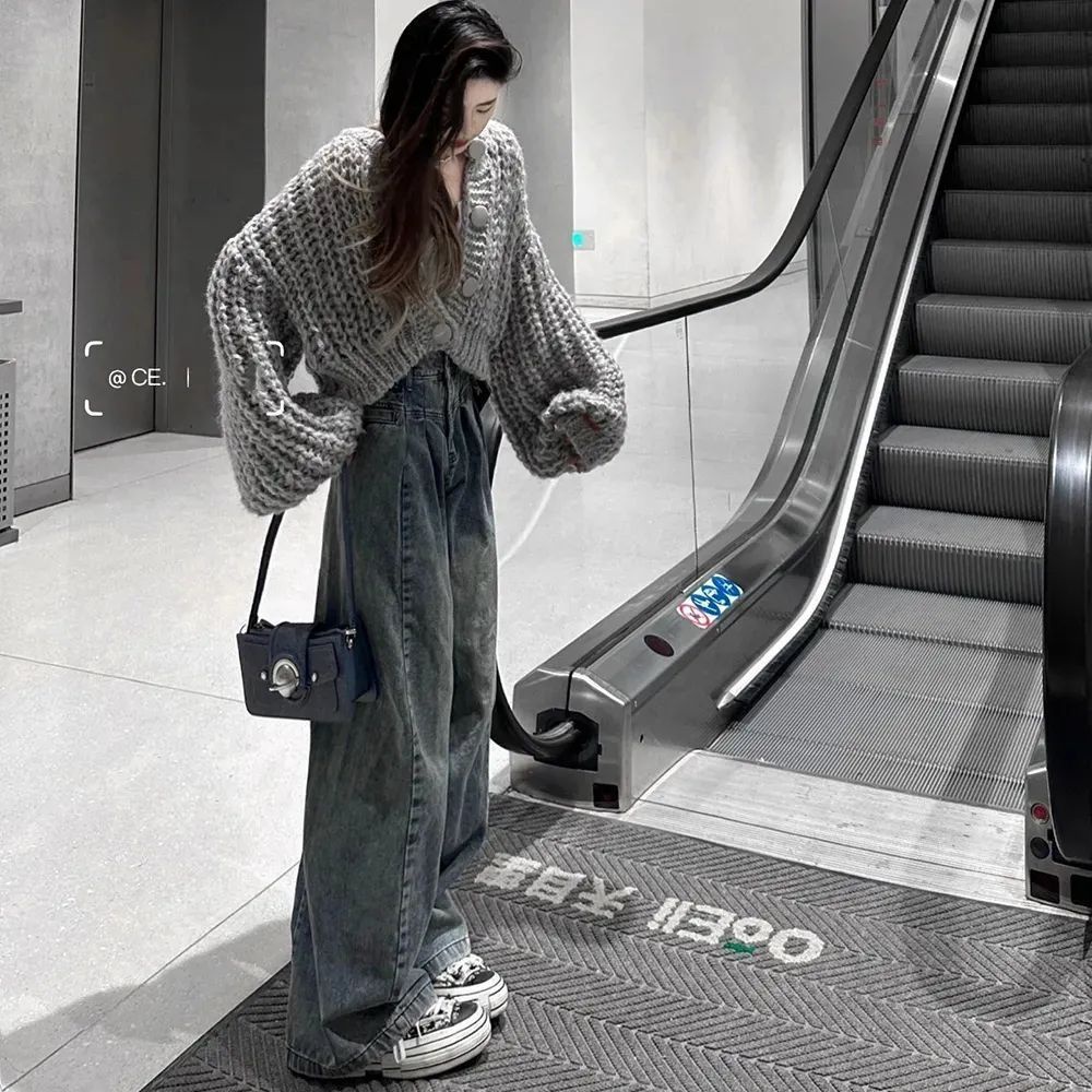 Jiashucheng Quần Jean Ống Rộng Lưng Cao Phong Cách Retro Xuân Thu Mới Dễ Phối Đồ Cho Nữ