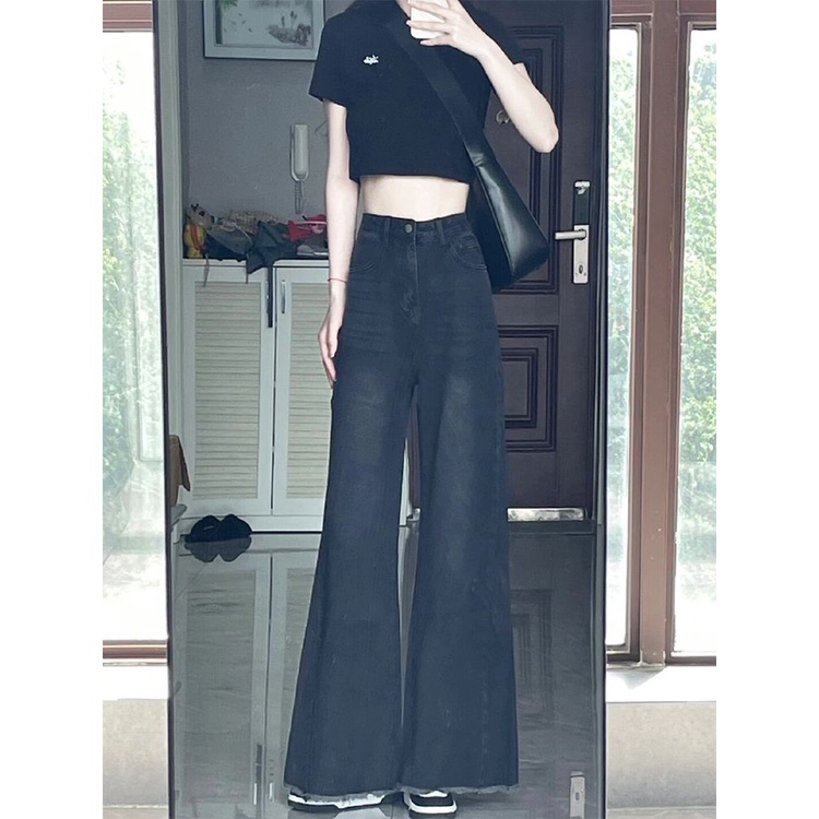 Jiashucheng Quần Jean Ống Rộng Micro-Flared Eo Cao Dáng Rộng Màu Đen Phong Cách Mới Mùa Hè Cho Nữ
