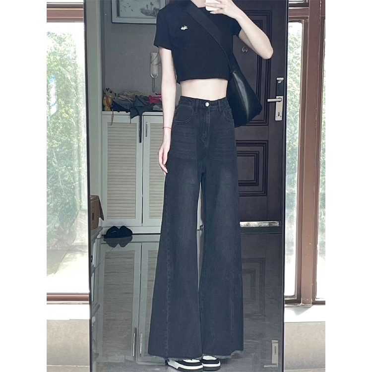 Jiashucheng Quần Jean Ống Rộng Micro-Flared Eo Cao Dáng Rộng Màu Đen Phong Cách Mới Mùa Hè Cho Nữ