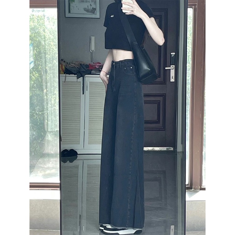 Jiashucheng Quần Jean Ống Rộng Micro-Flared Eo Cao Dáng Rộng Màu Đen Phong Cách Mới Mùa Hè Cho Nữ