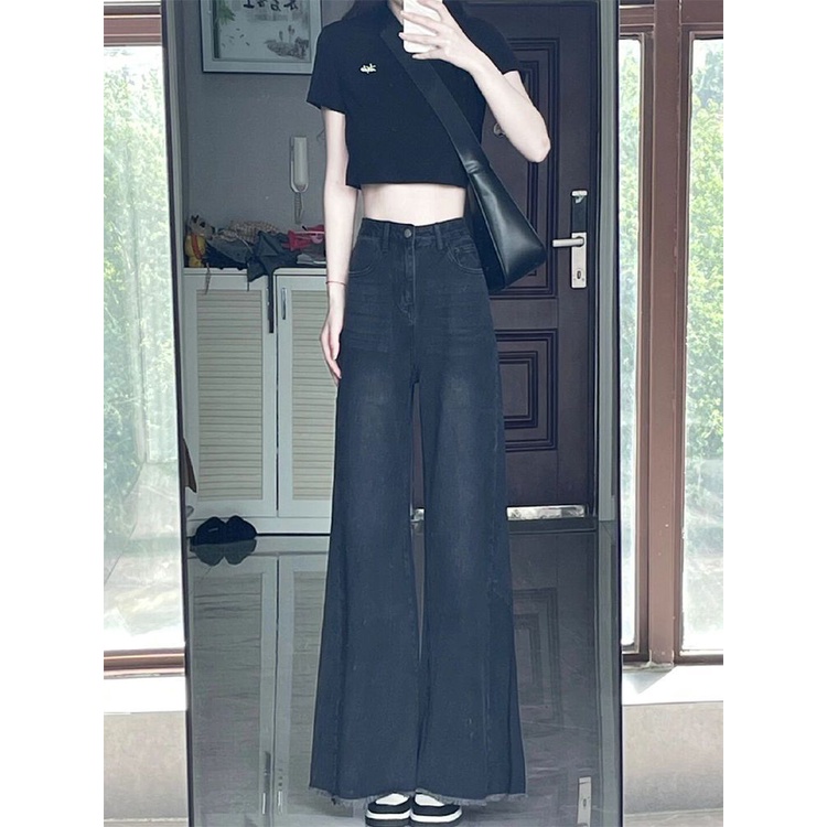 Jiashucheng Quần Jean Ống Rộng Micro-Flared Eo Cao Dáng Rộng Màu Đen Phong Cách Mới Mùa Hè Cho Nữ