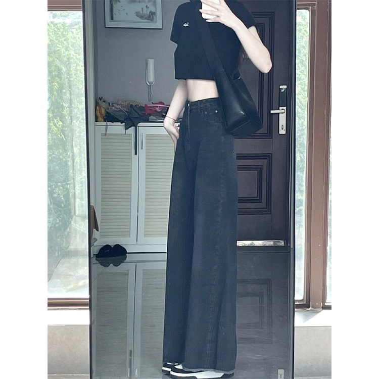 Jiashucheng Quần Jean Ống Rộng Micro-Flared Eo Cao Dáng Rộng Màu Đen Phong Cách Mới Mùa Hè Cho Nữ
