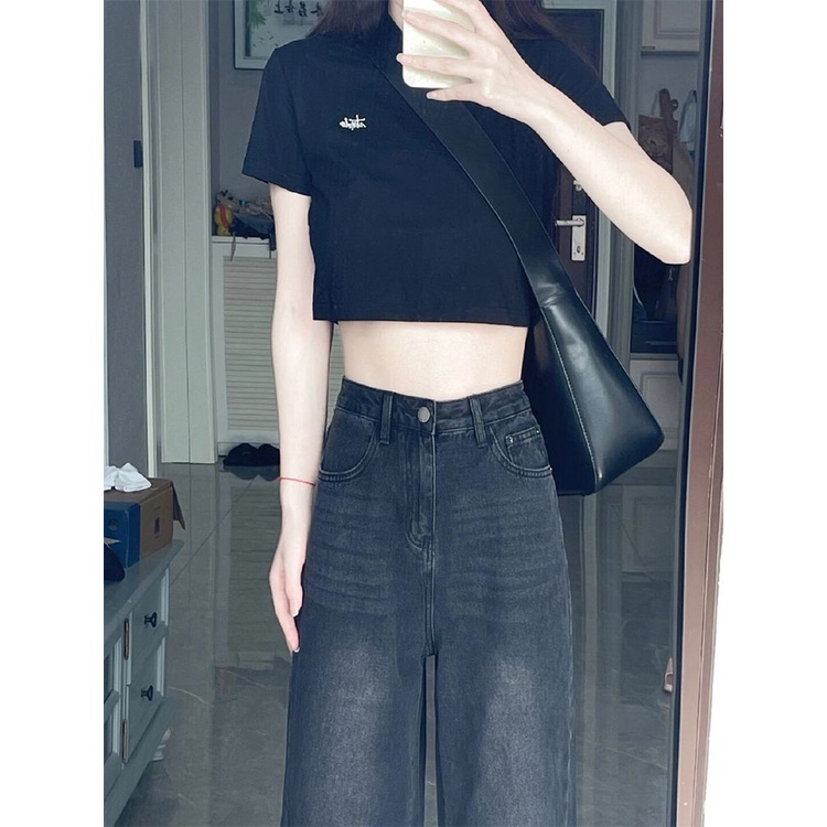 Jiashucheng Quần Jean Ống Rộng Micro-Flared Eo Cao Dáng Rộng Màu Đen Phong Cách Mới Mùa Hè Cho Nữ