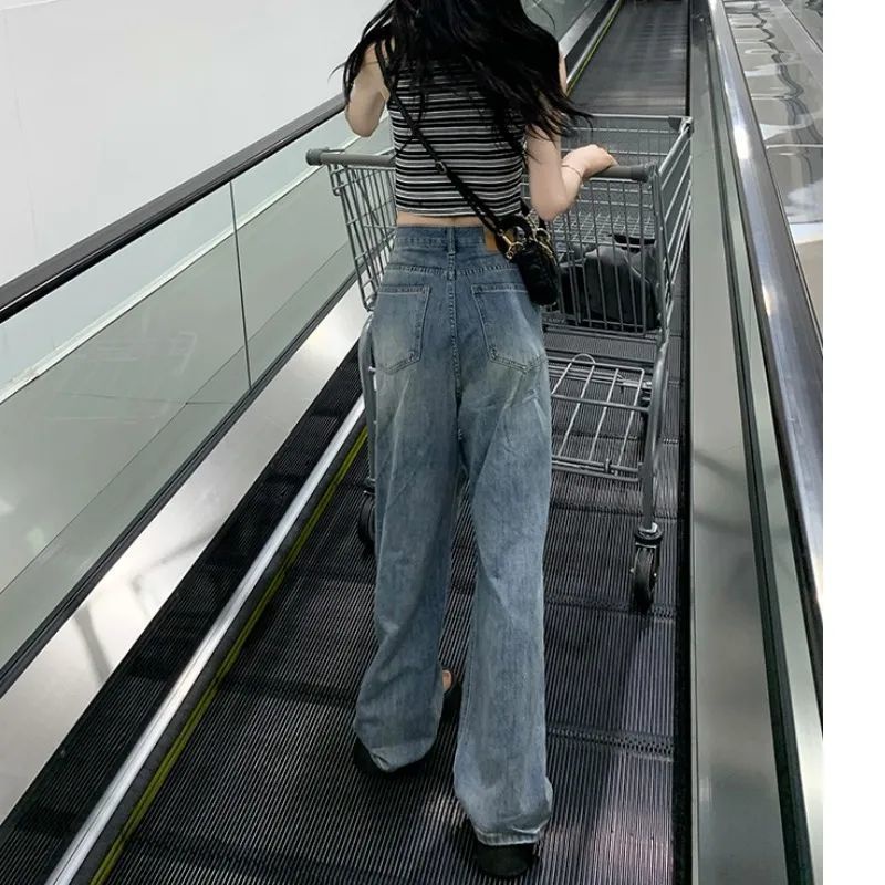Jiashucheng Quần Jean Nữ Lưng Cao Ống Rộng Rách Gối Phong Cách Retro Đường Phố Mùa Hè