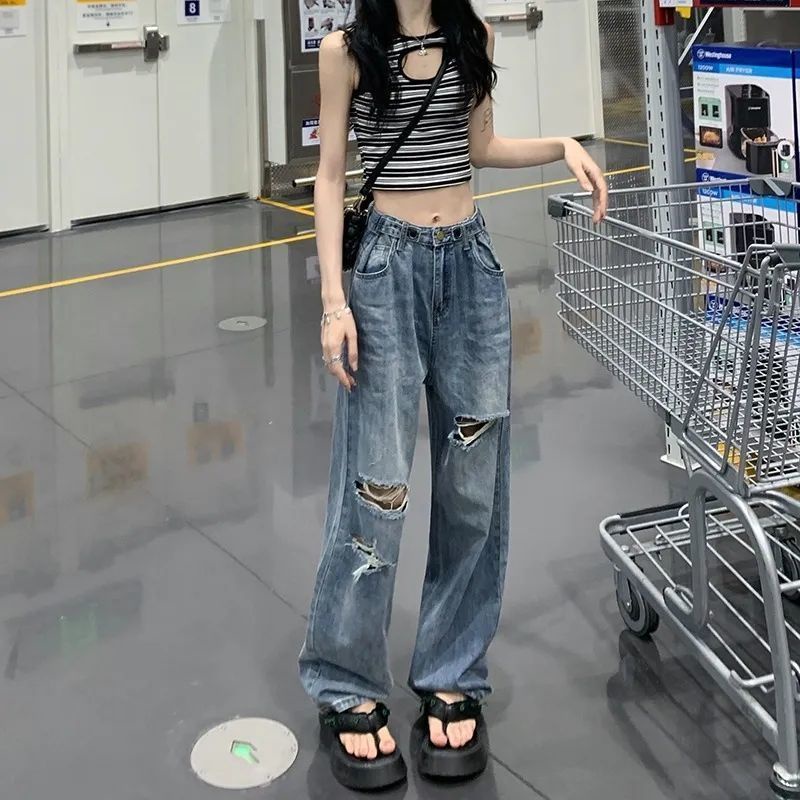 Jiashucheng Quần Jean Nữ Lưng Cao Ống Rộng Rách Gối Phong Cách Retro Đường Phố Mùa Hè